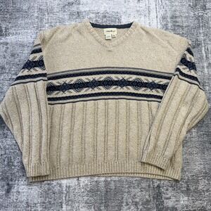 Vintage Eddie Bauer Sweater Mens XL Beige Chunky Knit Fair Isle Stripes USA Made